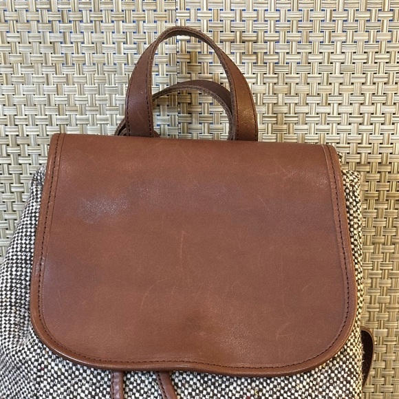 🌟2xHP🌟VTG 1980s-90s L.L. Bean Tan Leather & Tweed Back Pack - Picture 2 of 16